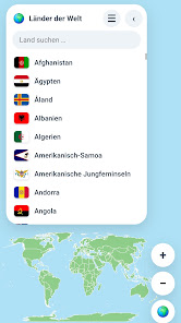 App-Ansicht: Weltkarte mit einer durchsuchbaren Länderliste und Flaggen.