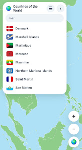 App view: a world map with a searchable list of countries and flags.
